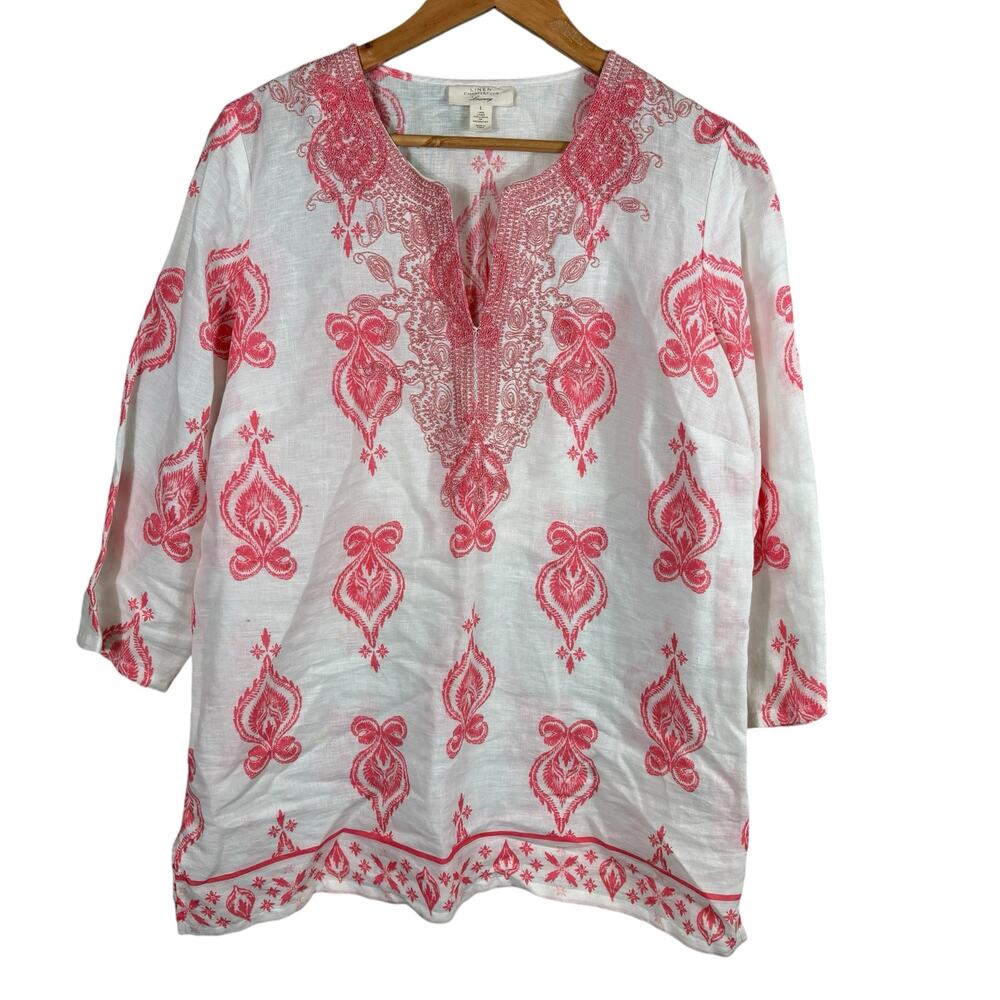 Charter Club Luxury Women Large White Pink Linen Light Soft Breathable Tunic Top